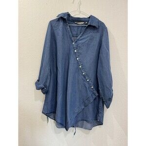 Soft Surroundings Chambray Tunic Top Asymmetric Roll Tab Sleeves Casual Size L